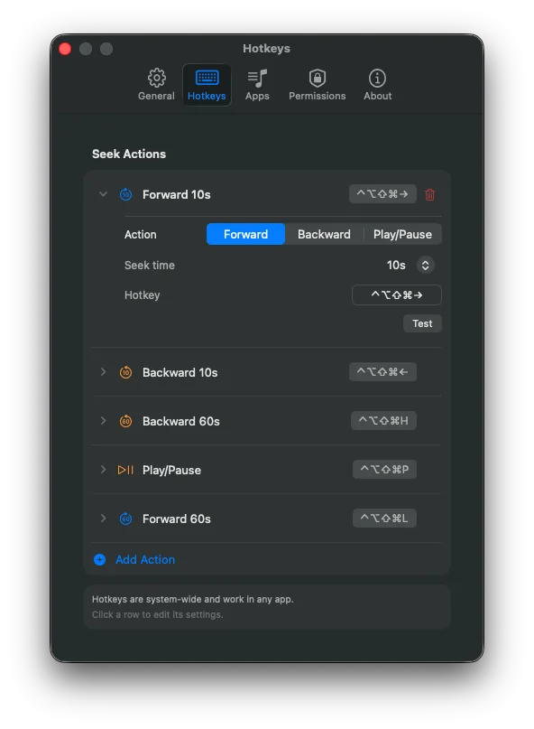 MediaSeek hotkeys settings showing configurable forward, backward, and play/pause actions